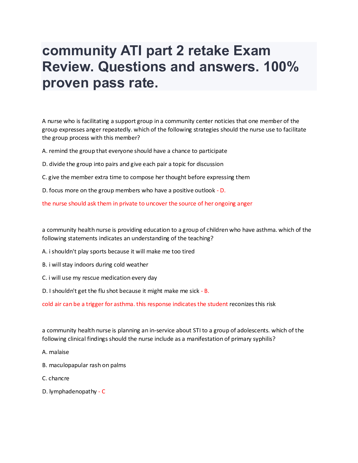 Preview image for Community ATI Part 2 retake Exam Review. Questions and answers. 100% proven pass rate.